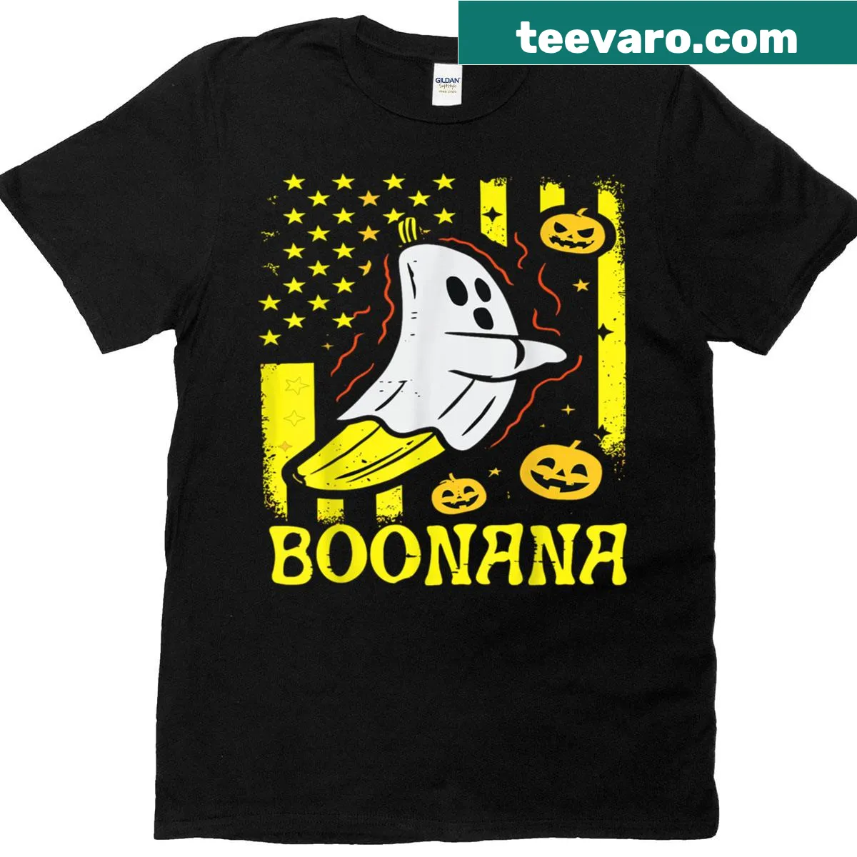 Funny banana ghost illustration on a Halloween-themed t-shirt — on a men's t-shirt