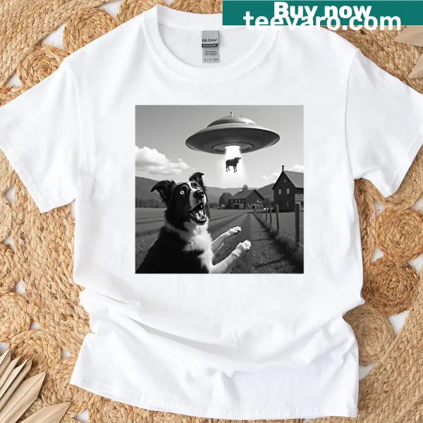 Cartoon graphic of a Border Collie with an alien UFO on a t-shirt