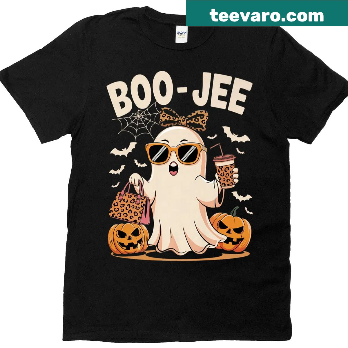 Cute boujee ghost illustration on a Halloween-themed t-shirt — on a men's t-shirt