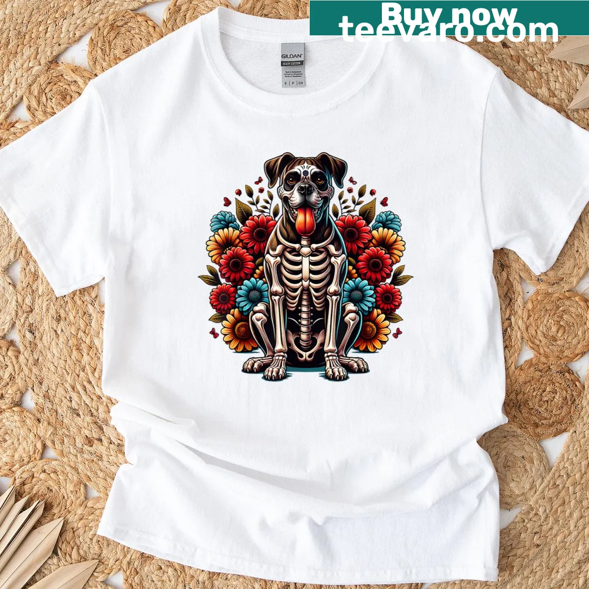 Boxer dog with sugar skull design for Dia De Los Muertos Halloween — on a men's t-shirt