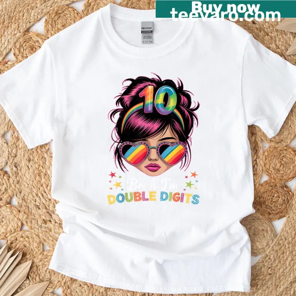 Kids 10th birthday T-shirt with humorous text about turning double digits