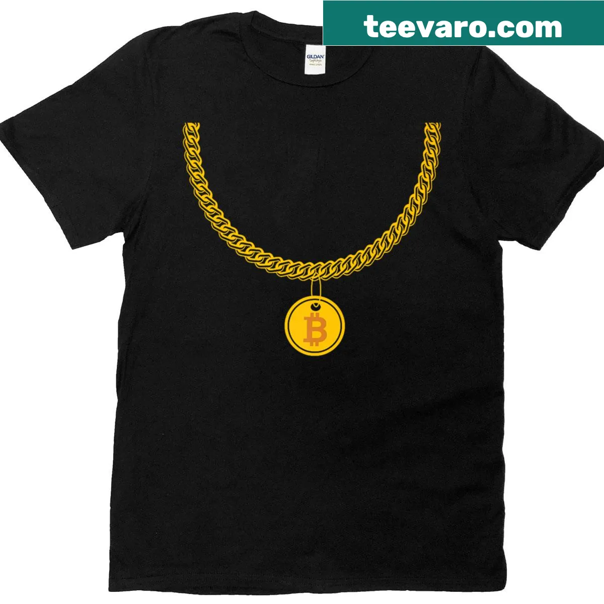 Playful t-shirt featuring a fun Bitcoin and blockchain graphic. — on a men's t-shirt