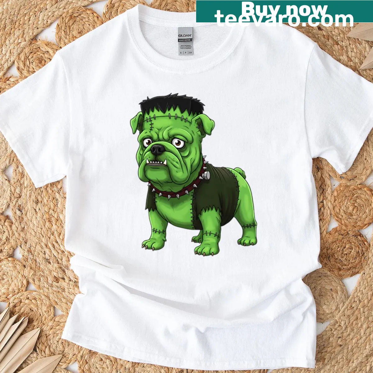 Funny bulldog in Frankenstein costume for Halloween — on a men's t-shirt