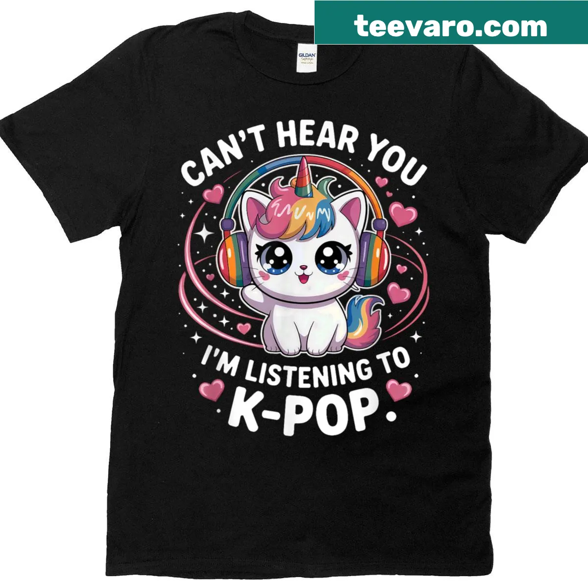 Kawaii t-shirt with cats and K-pop graphics, ideal for young fans — on a men's t-shirt