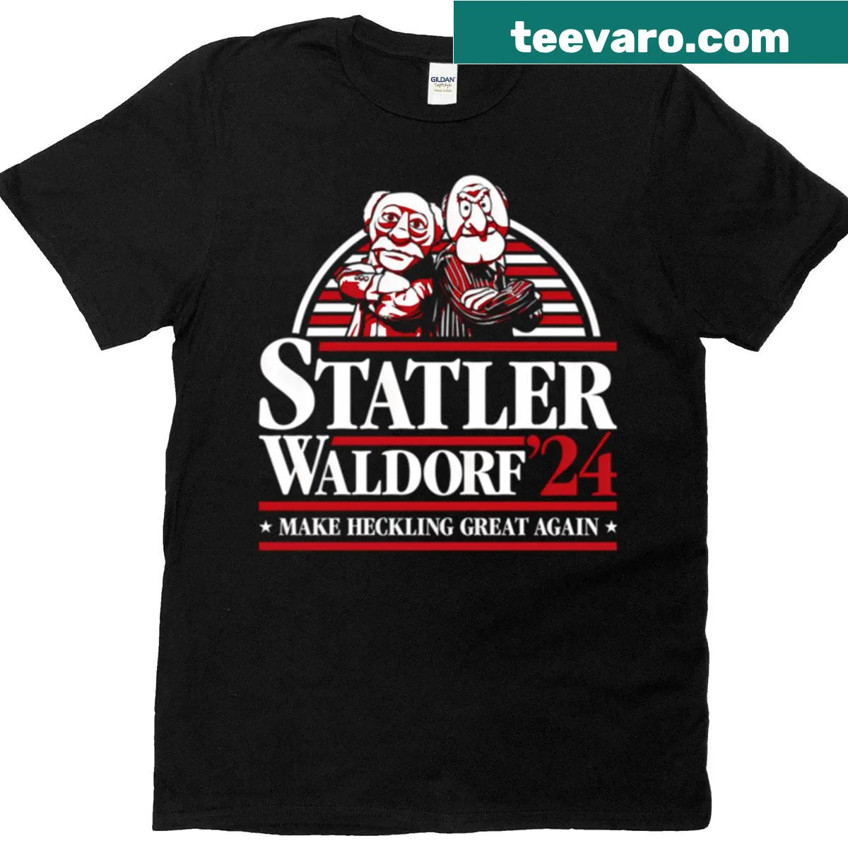 Vintage-style t-shirt with cartoon puppets and comedy theater theme — on a men's t-shirt