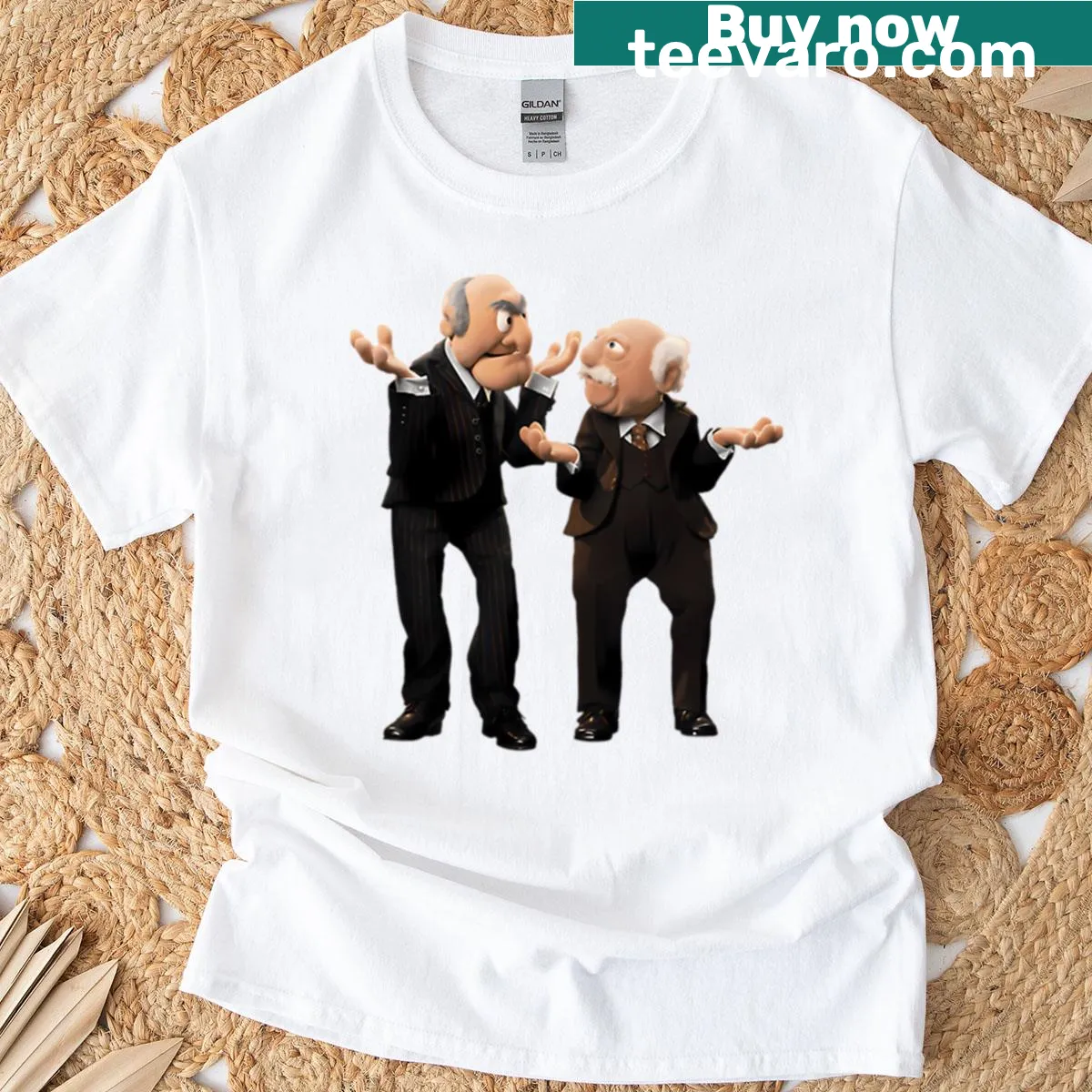 Vintage cartoon theater shirt with puppet comedy theme — on a men's t-shirt