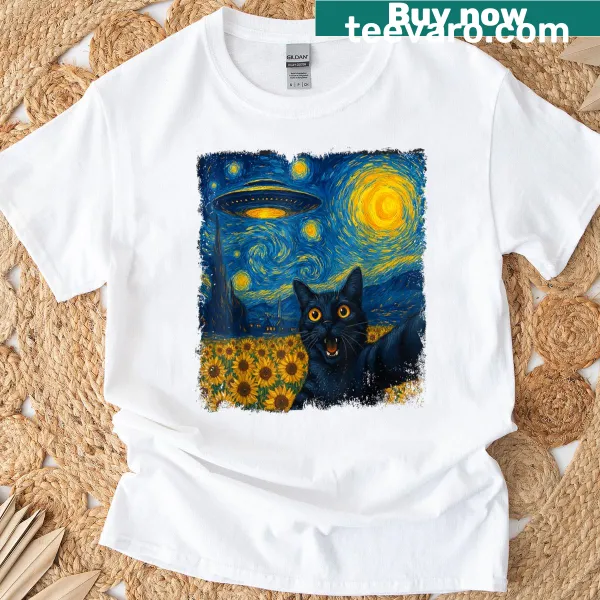 Illustration of cat selfie with UFO against starry night