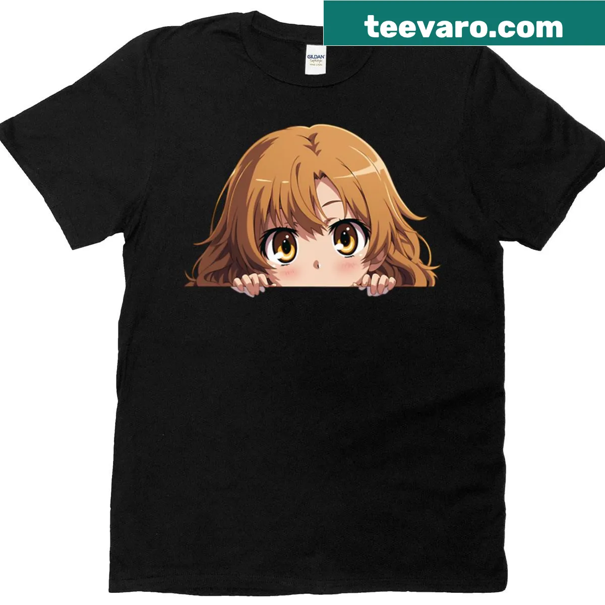 Chibi Shokuhou Misaki anime t-shirt with cute peeking graphic — on a men's t-shirt