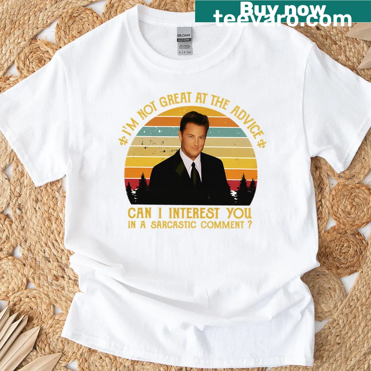 Cartoon graphic T-shirt featuring Chandler Bing from a popular TV show. — on a men's t-shirt