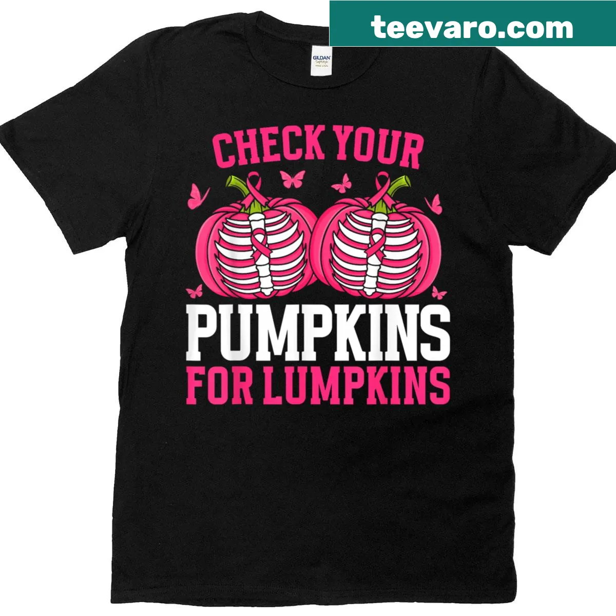 Halloween t-shirt with Check Your Pumpkins phrase for breast cancer awareness — on a men's t-shirt