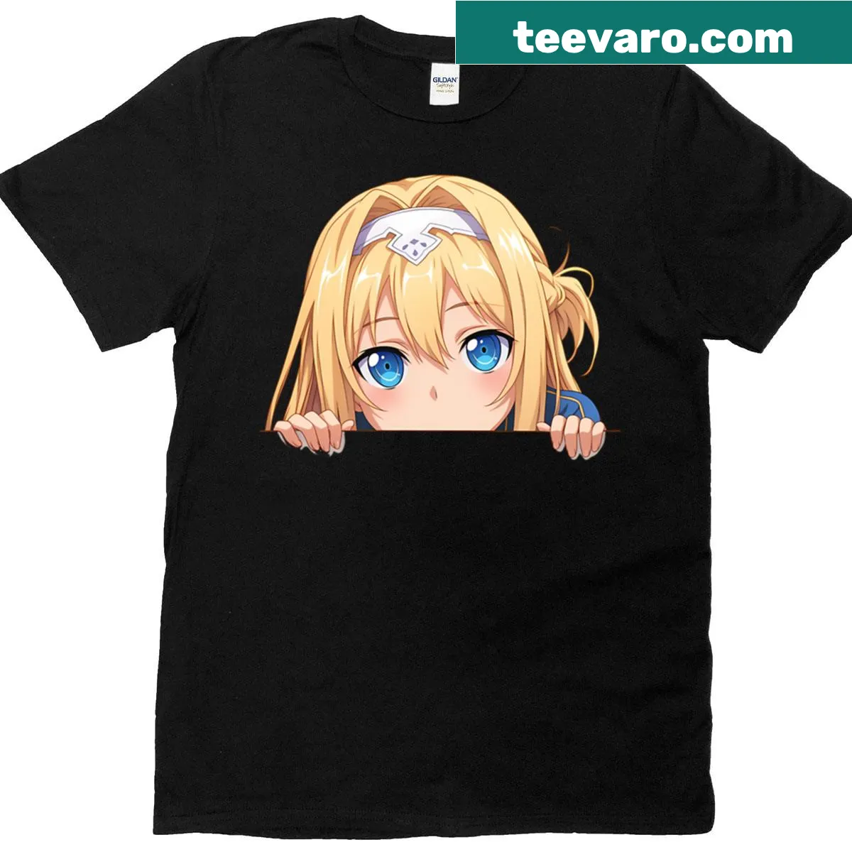 Chibi Alice Zuberg anime t-shirt with cute peeking graphic — on a men's t-shirt