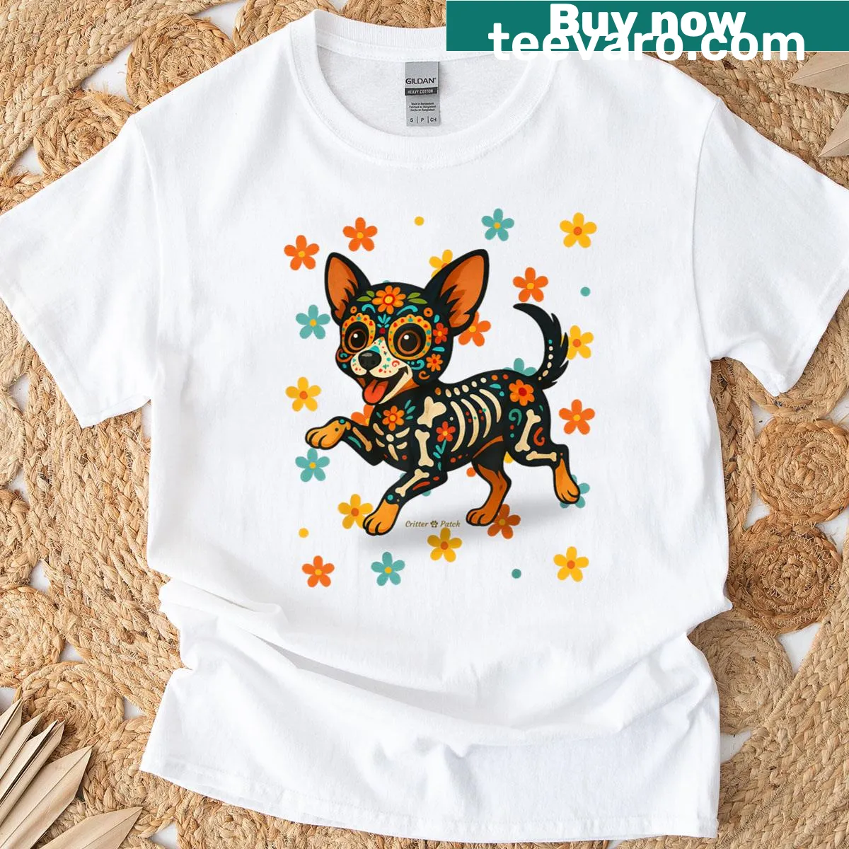 Chihuahua in a sugar skull skeleton costume graphic on a T-shirt — on a men's t-shirt