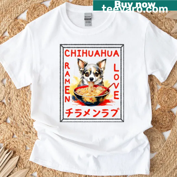 Cartoon chihuahua with ramen in a playful t-shirt design