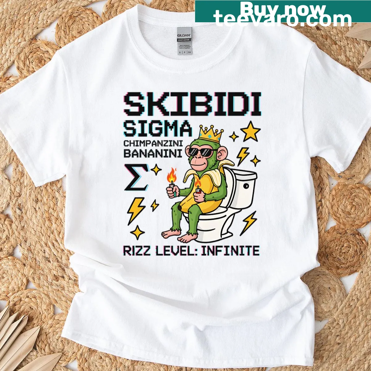Whimsical monkey and banana meme graphic on a T-shirt — on a men's t-shirt