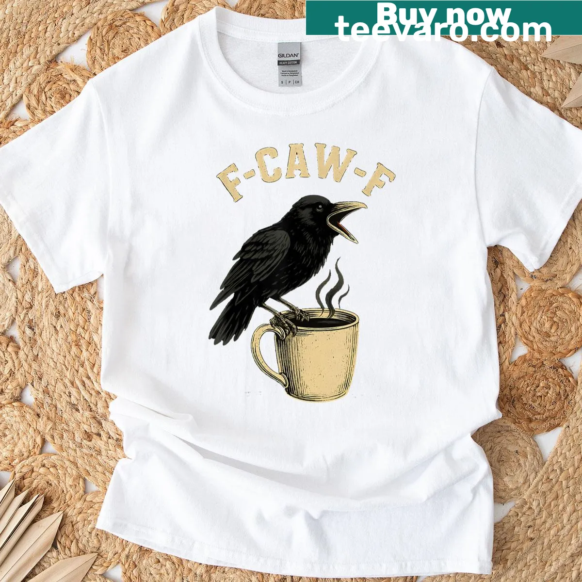 Funny bird-themed T-shirt with the phrase 'F-caw-f' in bold text. — on a men's t-shirt