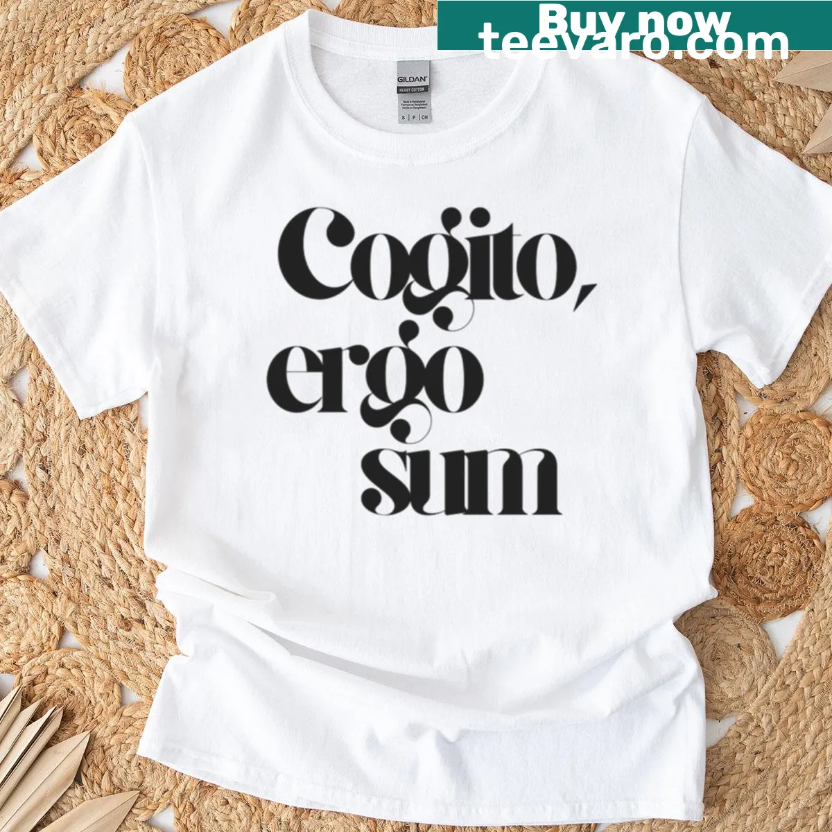 Minimalist T-shirt featuring the quote 'Cogito Ergo Sum' in clean typography — on a men's t-shirt