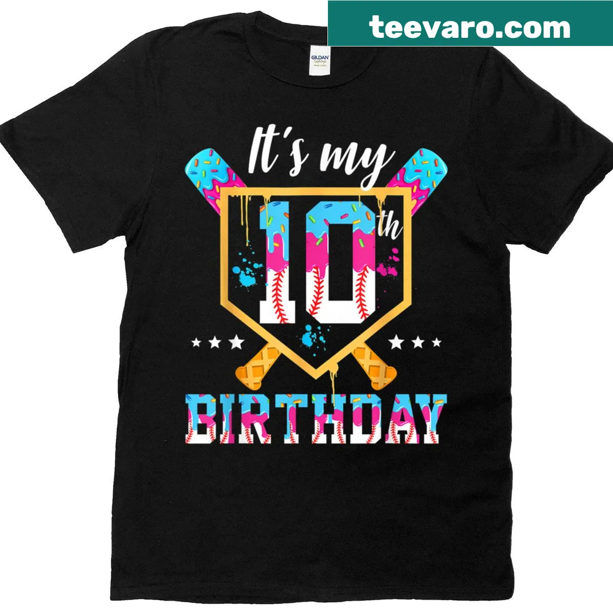 Illustration of a baseball ice cream cone for a 10th birthday — on a men's t-shirt