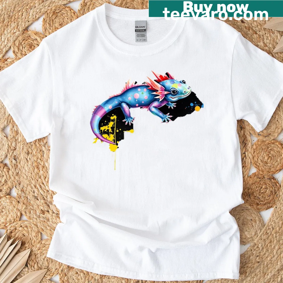 Watercolor illustration of an axolotl on a T-shirt — on a men's t-shirt