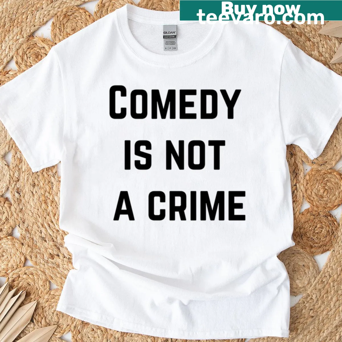 Text design reading 'Comedy Is Not A Crime' on a T-shirt — on a men's t-shirt