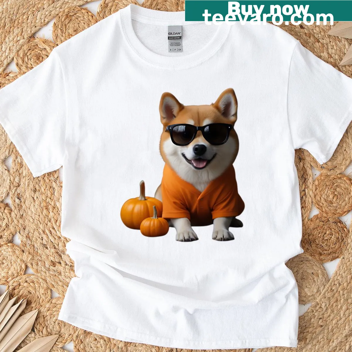 Corgi with pumpkins Halloween T-shirt — on a men's t-shirt