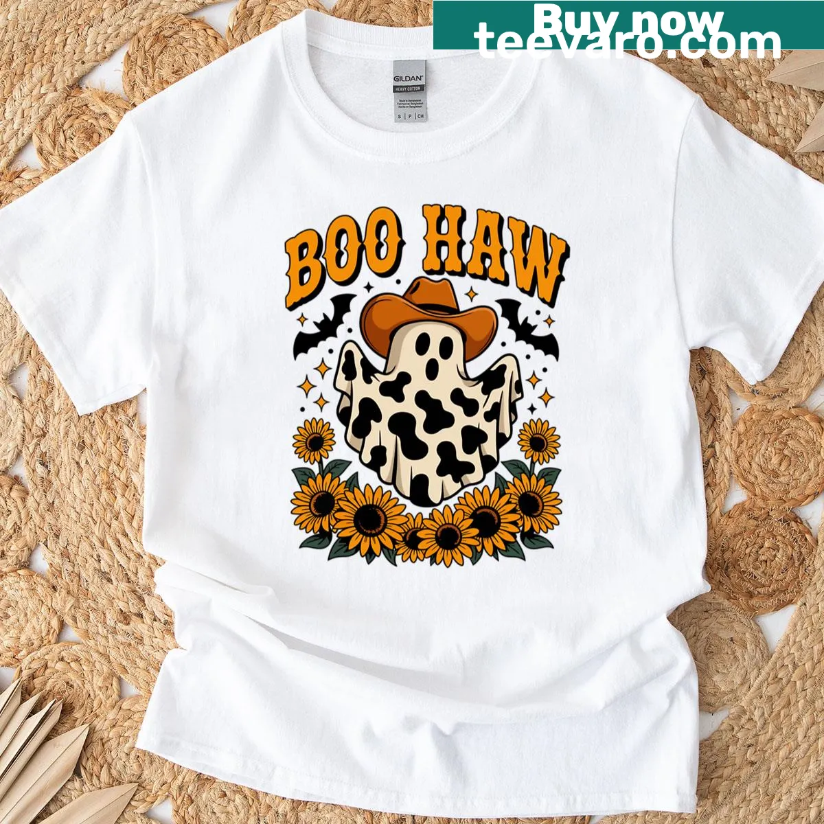 Halloween t-shirt featuring a cowboy ghost and playful text — on a men's t-shirt