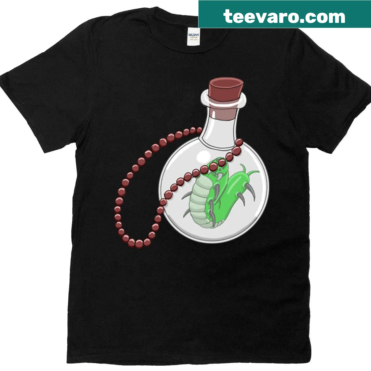 T-shirt featuring a creepy bottle with a green creature and colorful beads — on a men's t-shirt