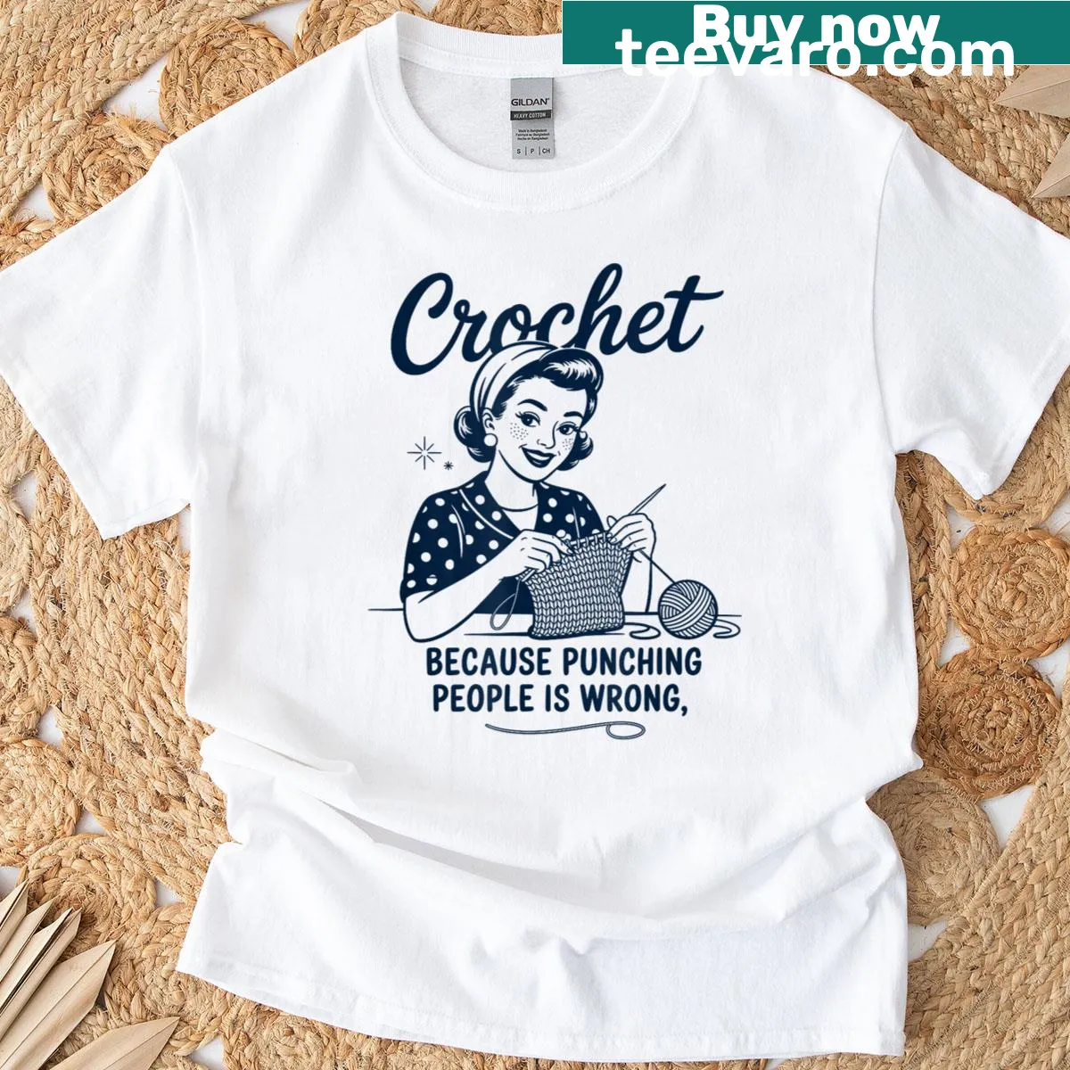 Funny T-shirt with crochet-themed message about crafting instead of aggression. — on a men's t-shirt