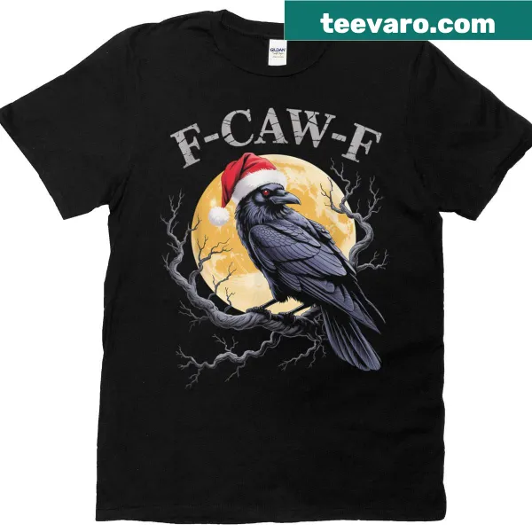 Gothic T-shirt with crow design, Christmas lights, and Santa hat