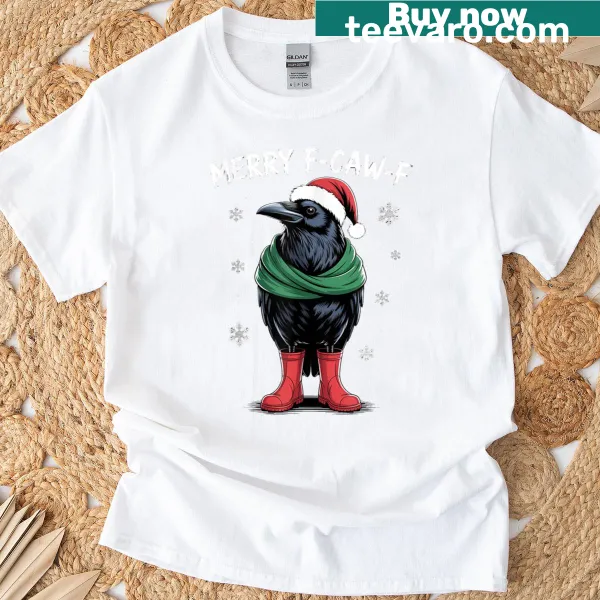 Gothic crow wearing a Santa hat on a Christmas t-shirt