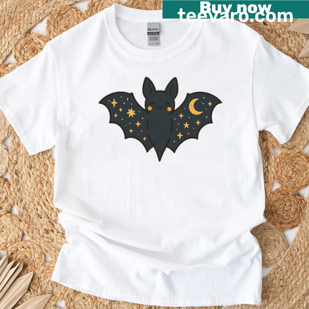 Cute bat illustration on a Halloween-themed T-shirt — on a men's t-shirt