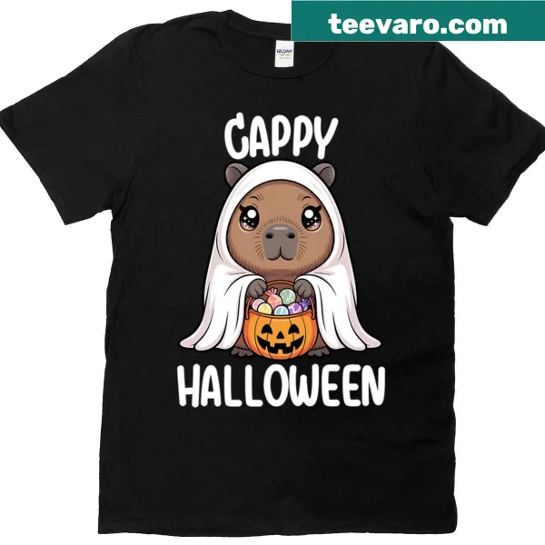 Cute Halloween-themed capybara illustration on a t-shirt