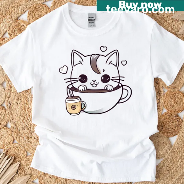 Cute cat holding a coffee cup on a t-shirt