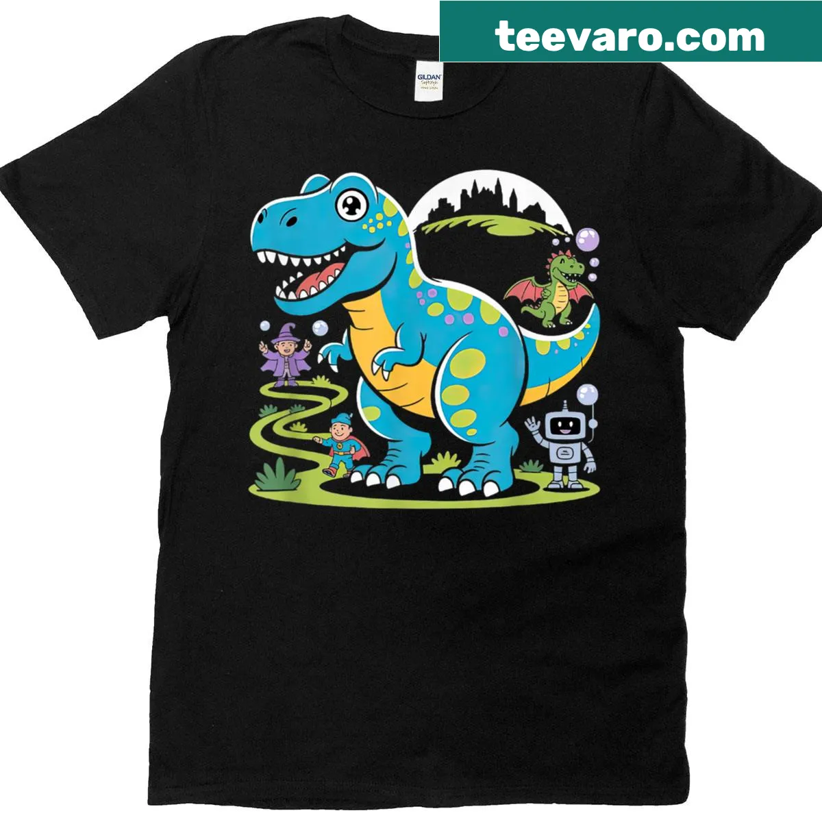 Cartoon T-rex in dragon costume for kids with a vintage look — on a men's t-shirt