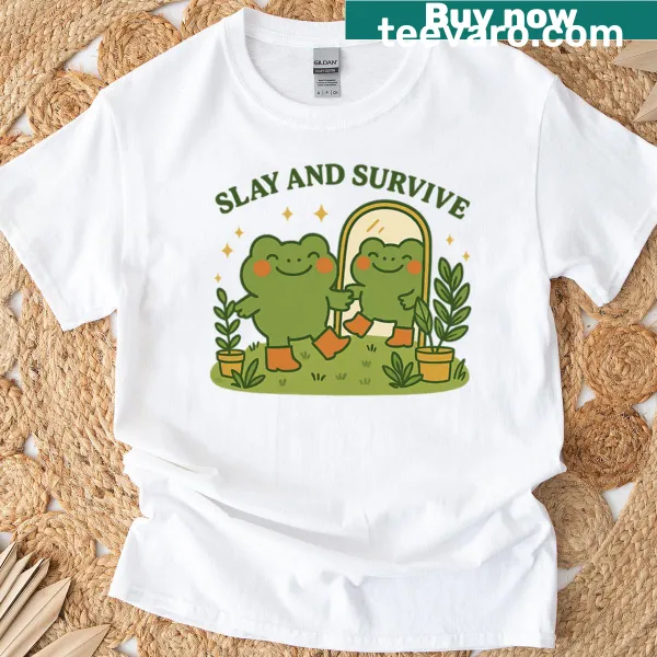 Cartoon frog T-shirt with motivational phrase featuring a cute design.
