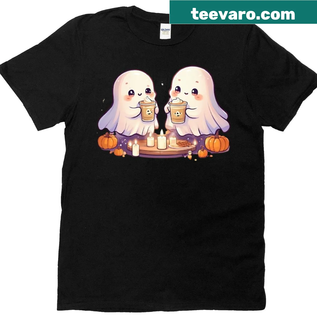Kawaii ghost enjoying pumpkin spice in a café illustration on T-shirt — on a men's t-shirt