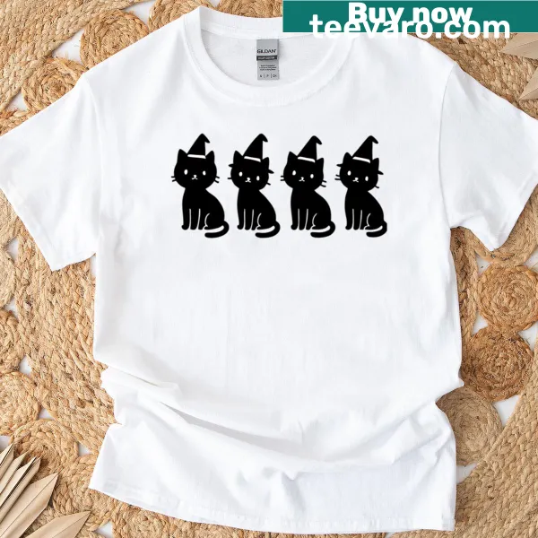 Minimalist design of cute witch cats on a Halloween T-shirt