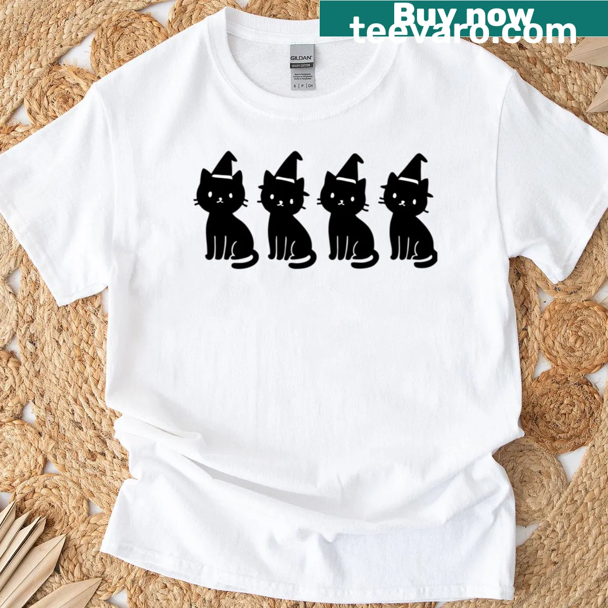 Minimalist design of cute witch cats on a Halloween T-shirt — on a men's t-shirt