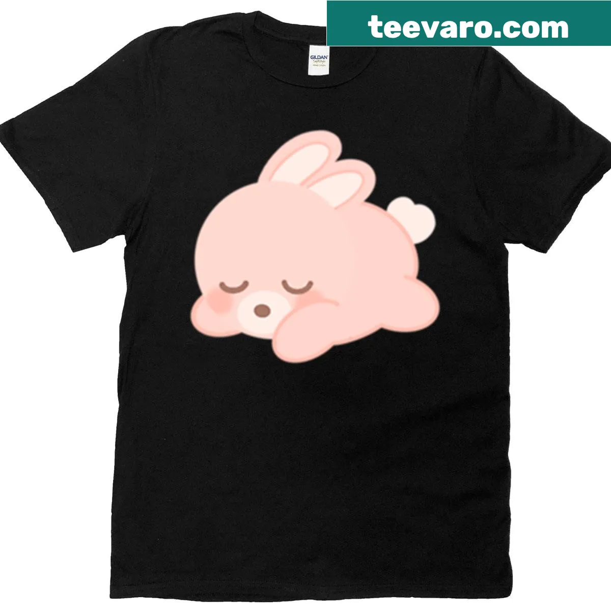 Pastel illustration of a sleeping bunny on a pink t-shirt — on a men's t-shirt