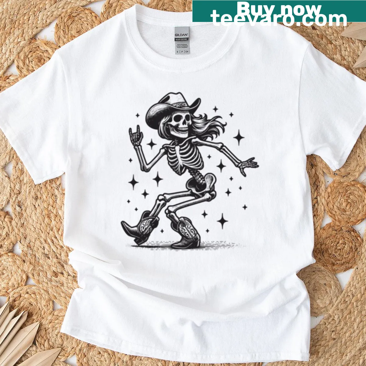 Retro cowgirl skeleton dancing in a Halloween-themed T-shirt — on a men's t-shirt