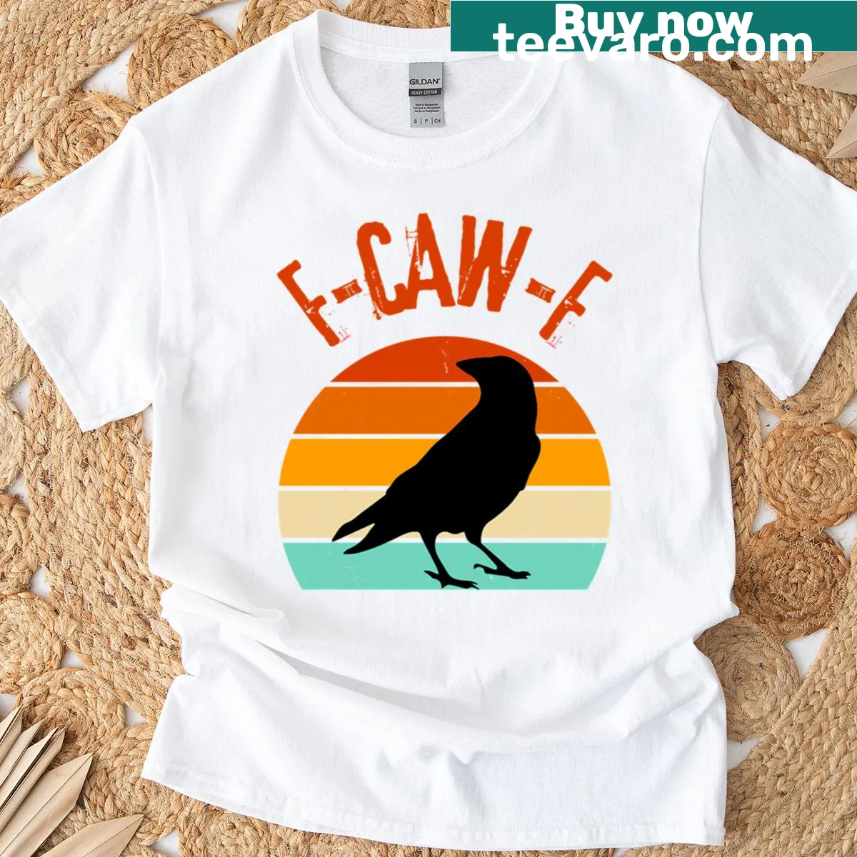 Humorous cartoon raven t-shirt with F Caw F meme design — on a men's t-shirt