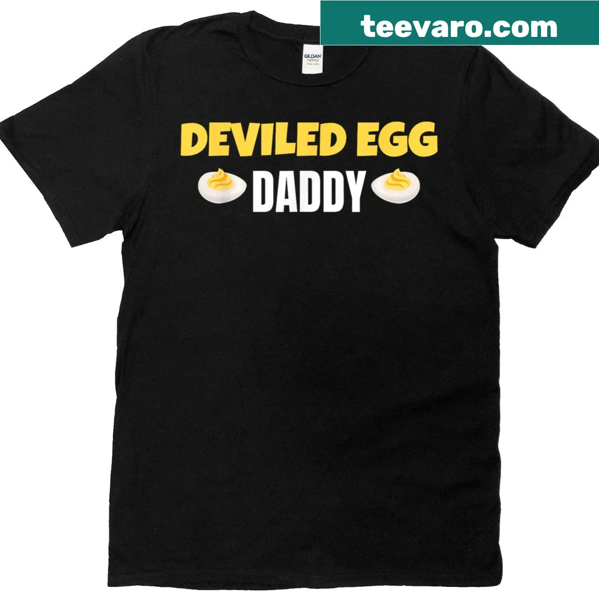 Funny T-shirt for dads featuring 'Deviled Egg Daddy' text — on a men's t-shirt