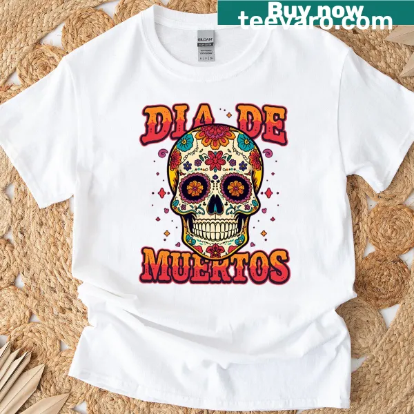 Sugar skull graphic on a Day of the Dead-themed T-shirt