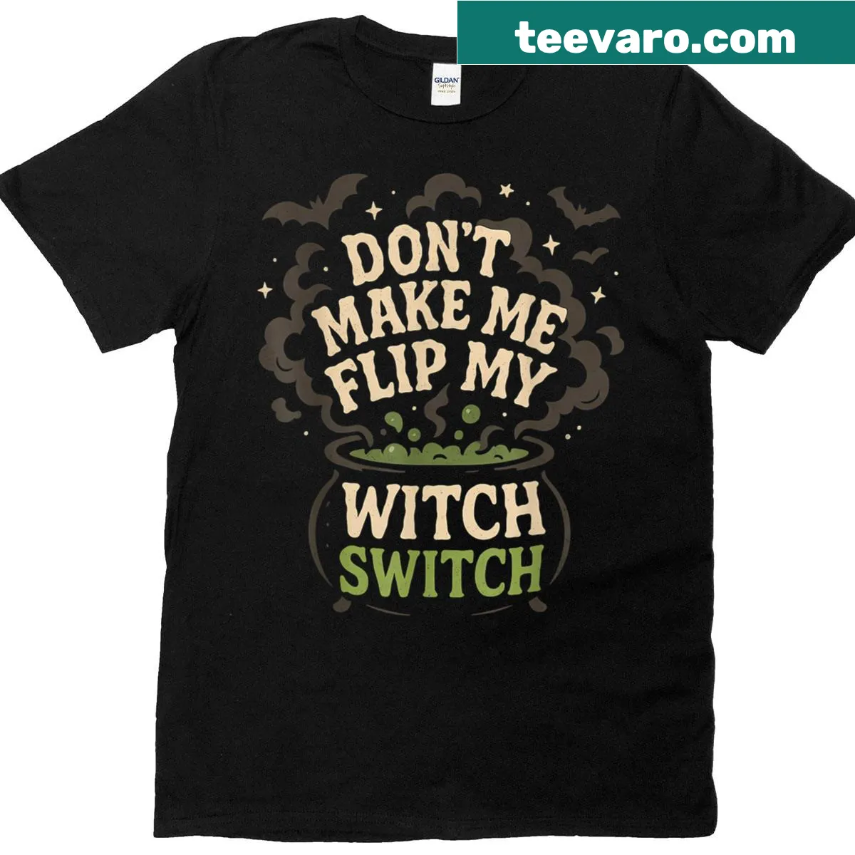 Funny Halloween T-shirt with witch-themed text design — on a men's t-shirt