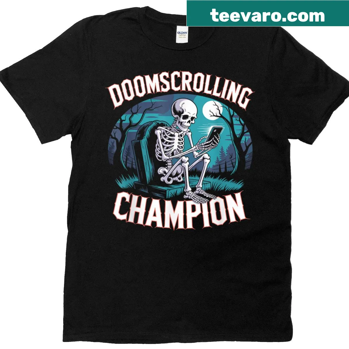 Funny t-shirt with skeleton and doomscrolling design — on a men's t-shirt