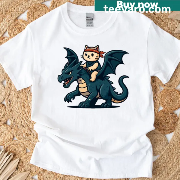 Illustration of a baby dragon and cat as a powerful duo on T-shirt