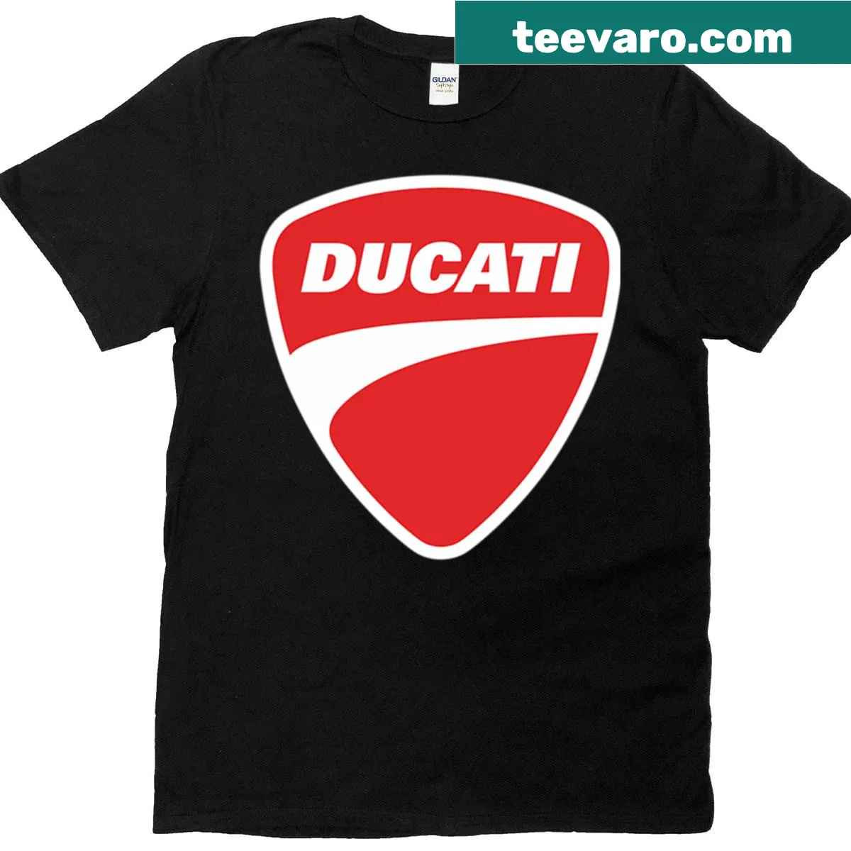 Minimalist Ducati logo printed T-shirt for motorcycle enthusiasts. — on a men's t-shirt