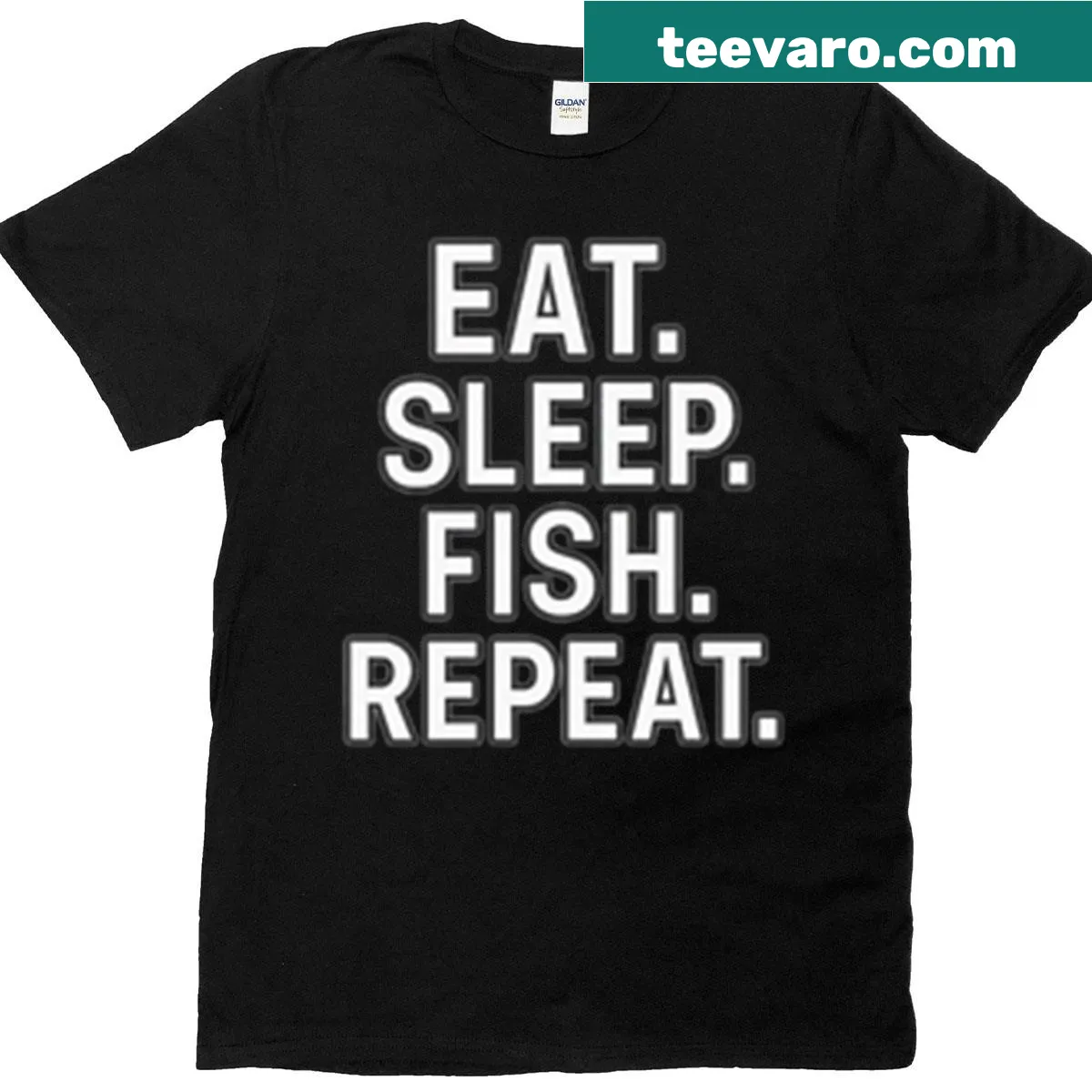 Funny fishing quote T-shirt with 'Eat Sleep Fish Repeat' text — on a men's t-shirt
