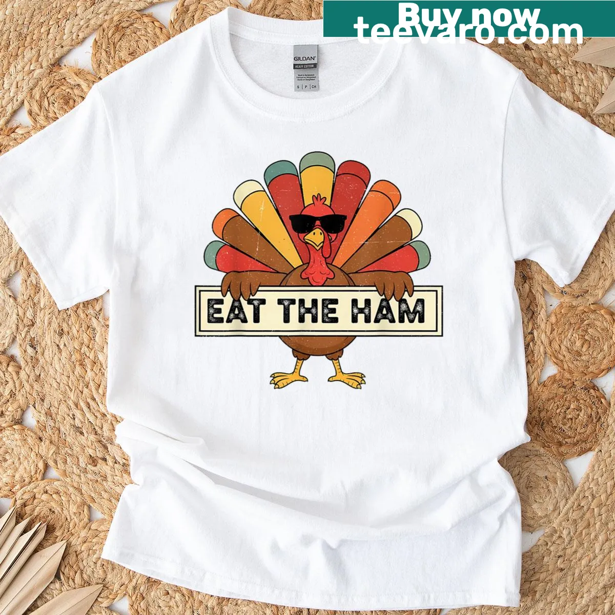 Funny Thanksgiving t-shirt with eat the ham save a turkey graphic — on a men's t-shirt