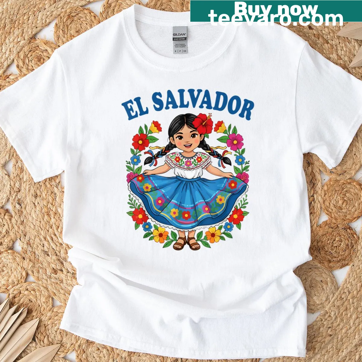 Illustration of a Salvadoran girl in traditional dress on T-shirt — on a men's t-shirt