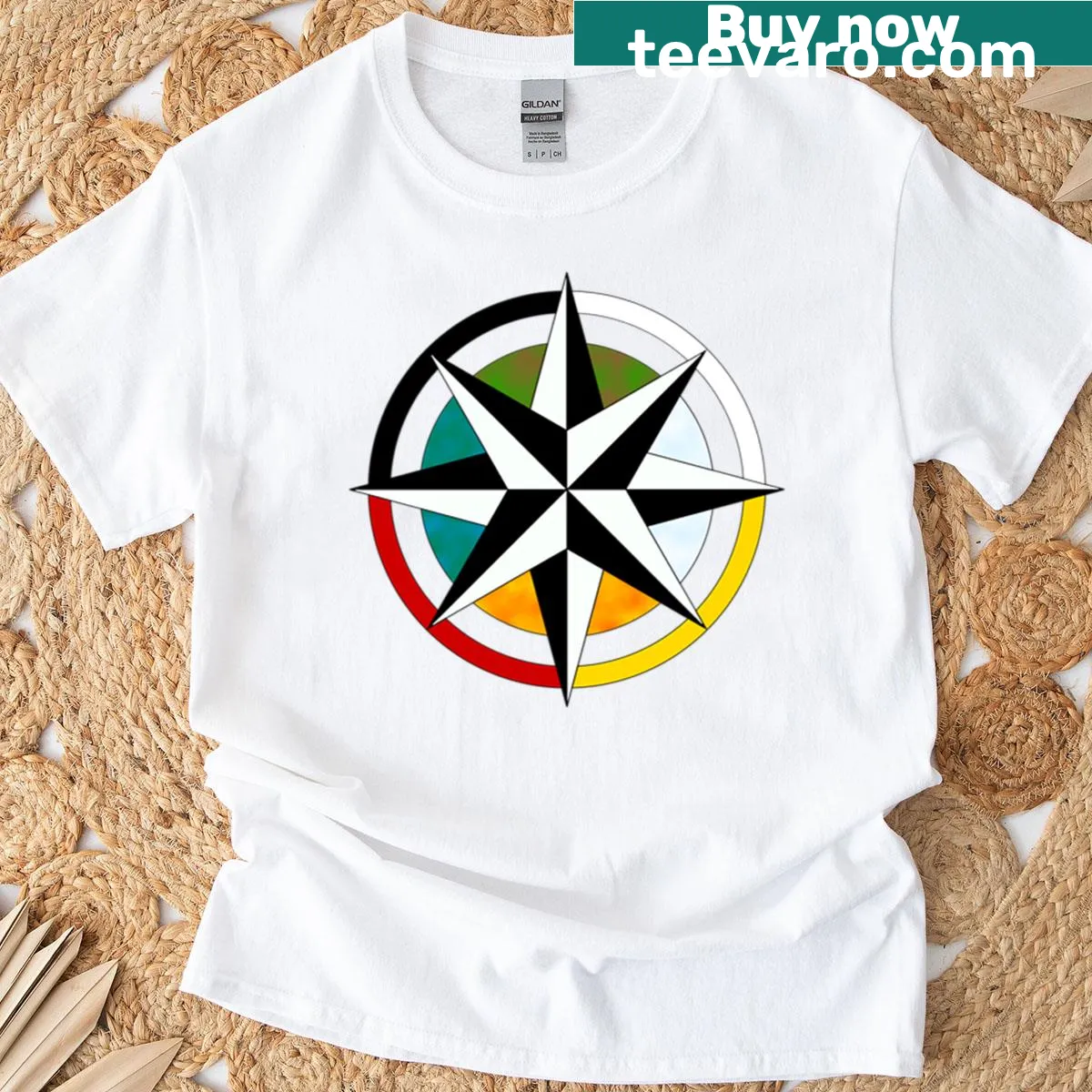 Minimalist compass rose graphic on a T-shirt — on a men's t-shirt